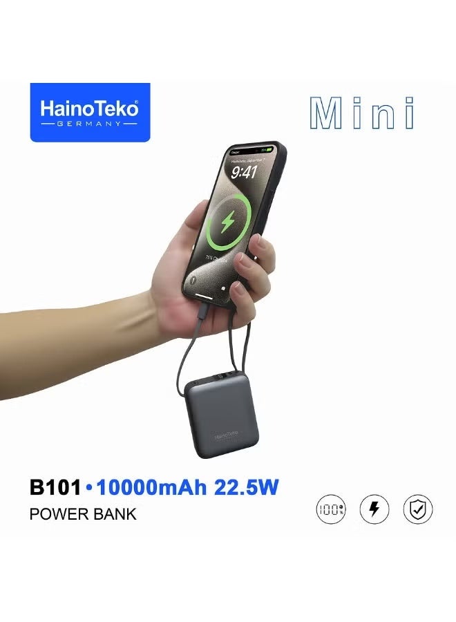 Haino Teko B101 Mini Portable 10000mAh Power Bank with 22.5W Quick Charge, Built-in Type-C & Lightning Cables, Slim Travel Design, Silver, Reliable Backup Power for Smartphones - Image 3